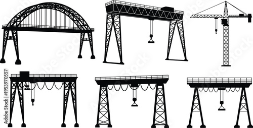 Black silhouette vector illustration of industrial cranes, gantry cranes, tower crane, bridge truss structure, heavy lifting equipment, construction machinery, shipping yard