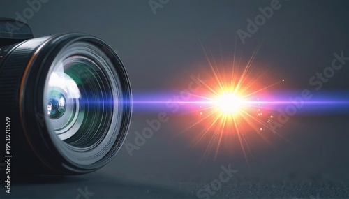 Close‑up of a camera lens firing, bright flash of light bursting from the glass, highlighting metal details and reflections