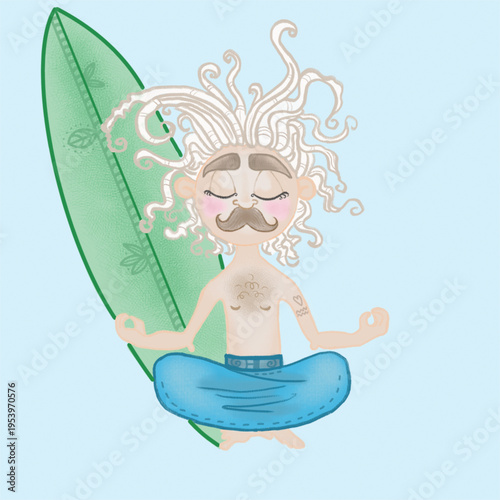 A man surfer with long blond dreadlocks meditate with a green surfboard on backwards