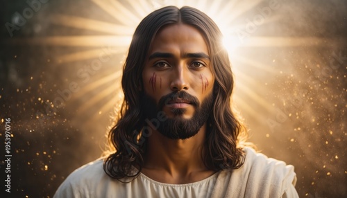 Serene Spiritual Figure with Long Hair and Beard in Warm Light