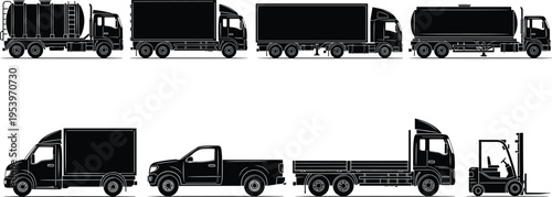 Black silhouette vector illustration of industrial vehicles, vacuum truck, box truck, tanker truck, pickup, flatbed, forklift, delivery truck, logistics equipment