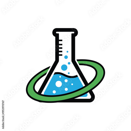 Vibrant Scientific Discovery Icon: Erlenmeyer Flask with Blue Liquid and Green Orbit