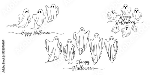 Group of cute ghost drawings in line art style on white background symbolizing Halloween celebration festive mood