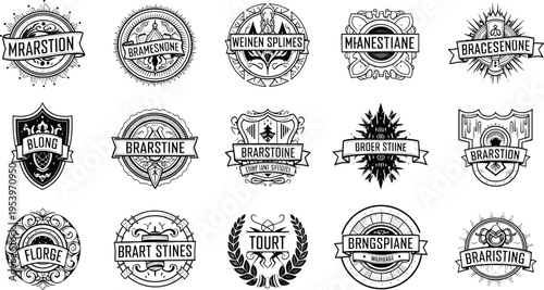 Vintage badge logo collection with ornamental elements, retro emblems and decorative typography in detailed black line art vector illustration set