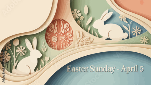 Paper art illustration of easter eggs bunnies and spring floral designs