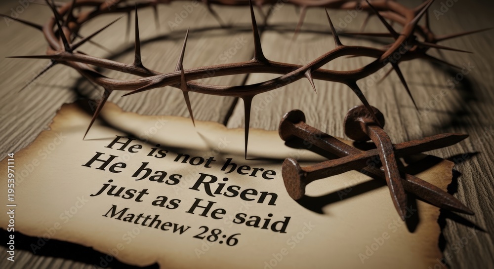 Obraz premium Crown of thorns with nails and scripture quote “He is not here He has Risen Matthew 28:6”