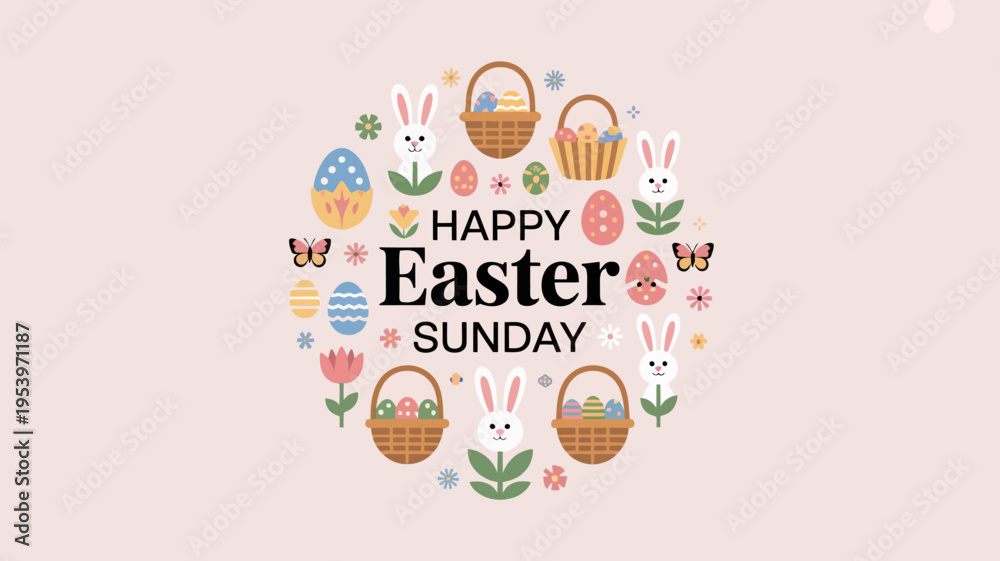 Obraz premium Happy easter sunday with bunnies baskets and colorful decorated eggs illustration