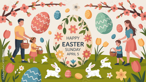 Happy easter celebration with family eggs bunnies and spring flowers