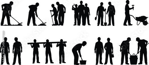 Collection of construction worker silhouettes featuring builders using tools, raking, carrying materials, and working with wheelbarrows for industrial development and site labor projects.