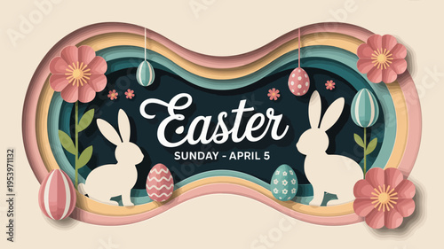 A layered paper art easter scene with rabbits eggs and floral decorations