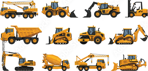 Yellow construction and industrial vehicles set including crane, excavator, bulldozer, dump truck, forklift, cement mixer, road roller, tow truck