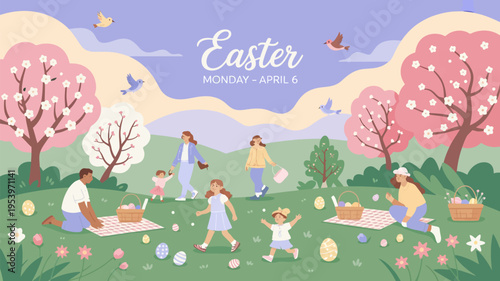Easter monday celebration with family and friends in a blossoming spring landscape