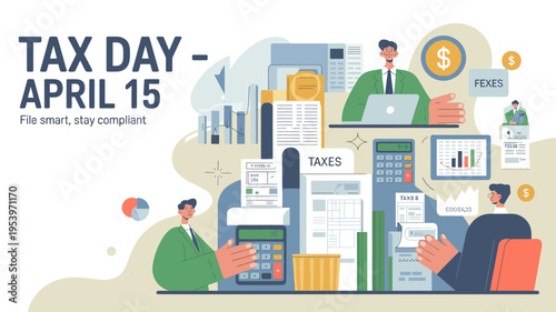 Tax day illustration with people money and financial documents