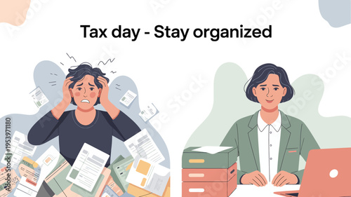Tax day stress versus organized preparation with documents and a professional
