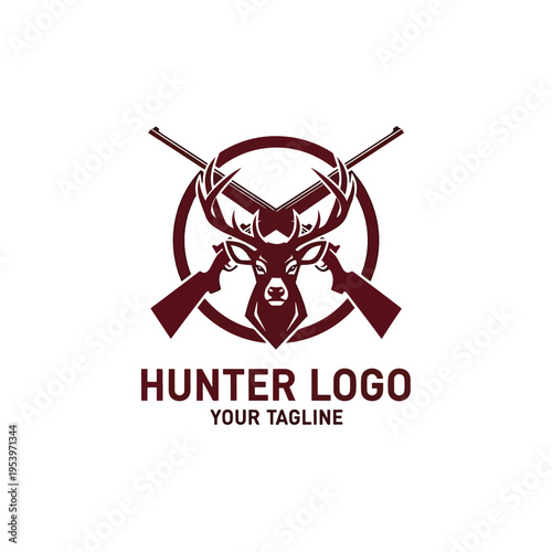 Stylized Deer Head Emblem with Crossed Rifles for Hunting Sport