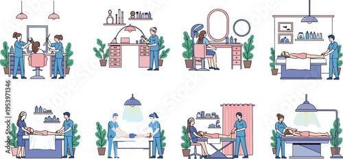 Collection of flat line vector illustrations featuring professional spa treatments, hair salon services, massage therapy, and beauty wellness procedures isolated on a white background.