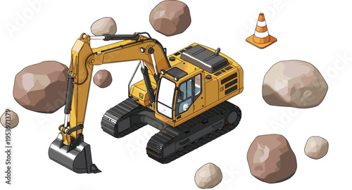 Yellow excavator vector illustration with hydraulic arm, bucket, crawler tracks, rocks, traffic cone, construction equipment, earthmoving machinery, realistic design