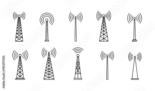 Wireless antenna tower icons vector set communication signal network symbols