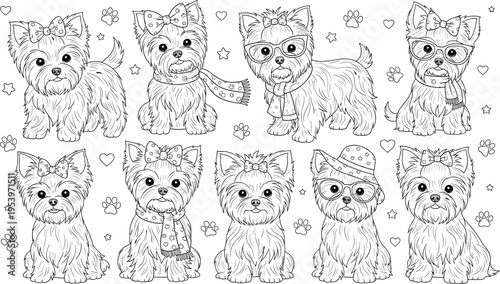 Yorkshire terrier coloring pages collection with cute puppy characters, accessories and playful poses in detailed line art vector illustration set