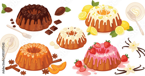 Bundt cake desserts collection with chocolate lemon strawberry and vanilla glazed cakes sweet bakery flat vector illustration set