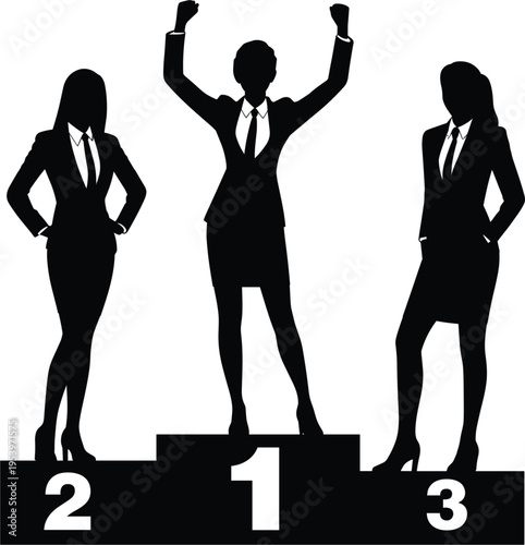 Professional Successful business women silhouettes standing on competition podium, celebrating female leadership and professional corporate career achievements ness 