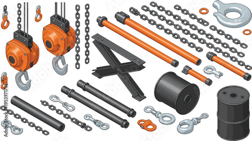 Collection of industrial lifting equipment featuring crane hooks chains pipes and drum isolated on white background for construction logistics and heavy engineering design projects.