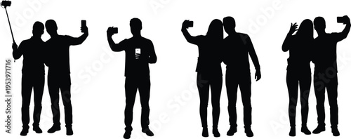 Set of black silhouettes featuring couples and friends taking selfies with smartphones and selfie stick isolated on a white background, lifestyle collection.