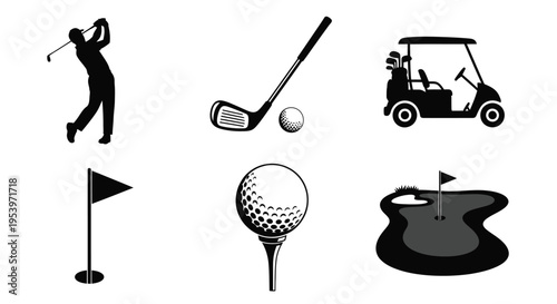 Golf icons set golfer club cart ball flag and water hazard