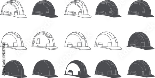 Construction safety hard hat icon set, industrial worker helmet vector, engineering equipment line art collection