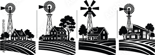 Set of black silhouette farmhouse landscapes with windmills, rural barns, agricultural fields, and countryside trees for rustic vintage farming or agriculture designs