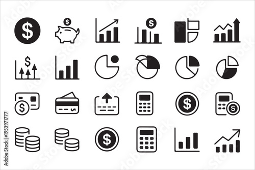 Set of financial management icons showing money piggy bank charts and credit cards