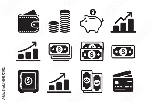 Financial icons for business and economy, including wallet, coins, and charts