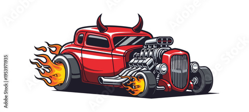 Cartoon red classic car with flames and devil horns on black background