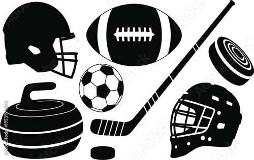Canvas Print Winter and field sports equipment set with ice hockey, soccer, american football