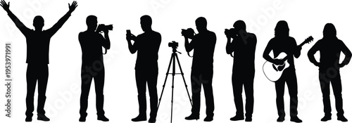Silhouette collection of photographers with cameras and tripods, a guitarist, and people celebrating with raised arms, isolated on a white background