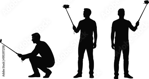 Silhouette of young man taking photos with smartphone on selfie stick in three different poses isolated on a plain white background