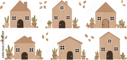 Rustic wooden houses collection with cozy cabins, plants and falling autumn leaves in warm minimal cartoon style vector illustration set