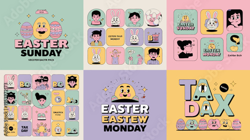 Colorful easter and tax day themed illustrations in a grid layout