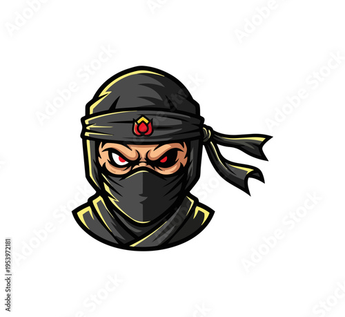 Ninja portrait with mask and red eye on black background