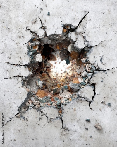 A close-up view of a bullet hole in a concrete wall. The impact has caused cracks and fragmentation around the hole. The texture of the concrete is rough and weathered