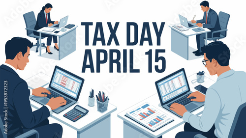 Professionals working diligently on laptops amidst the annual tax season deadline