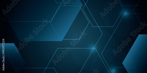 Dark blue abstract background with modern and futuristic glowing blue hexagonal design. Future technology concept with sparkling lines and light dots decoration. EPS. 5