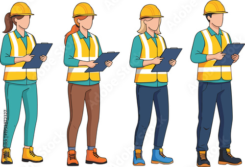Four construction engineers and inspectors wearing yellow hard hats and safety vests holding clipboards for building site management site inspection and industrial compliance vector.Four 