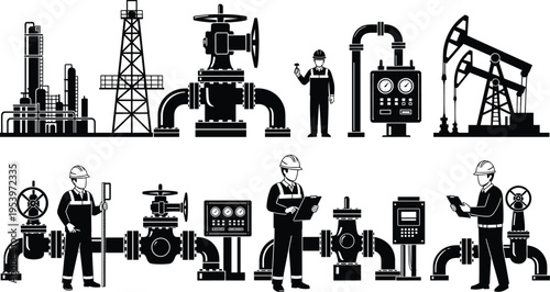Vector set of oil and gas industry silhouettes featuring workers, pipelines, oil rigs, refinery towers, and industrial valves for energy production designs