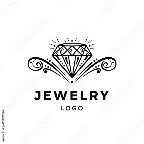 Elegant diamond jewelry emblem vector illustration with decorative flourishes for luxury branding