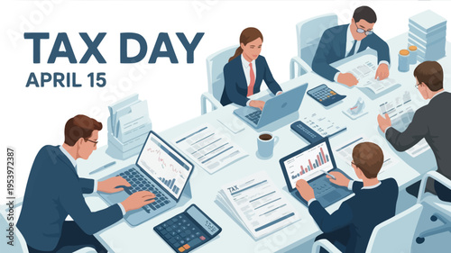 Team working on tax preparation finance and data analysis april 15th
