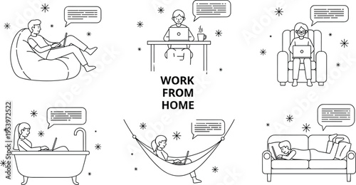 Work from home concept with people using laptops in bean bag, desk, armchair, bathtub, hammock and sofa for remote business lifestyle