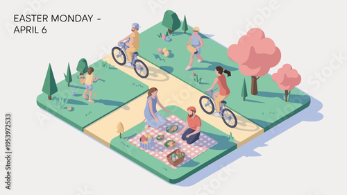 Isometric illustration depicting a family enjoying easter monday in a park setting