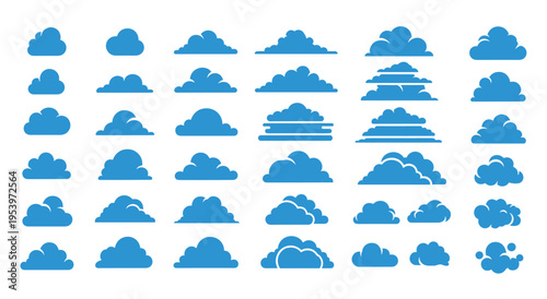Collection of blue cloud silhouettes in various shapes on white backdrop