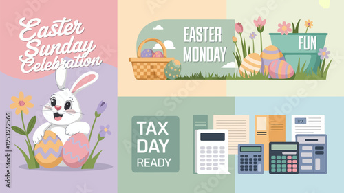 Easter tax season and springtime celebrations depicted in a colorful graphic design